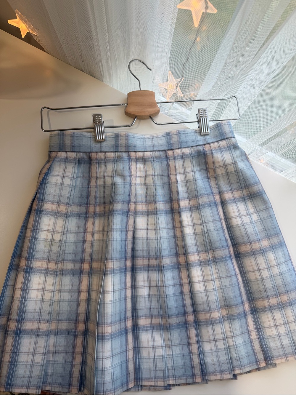 Pleated Blue & Cream Plaid Skirt - Women's